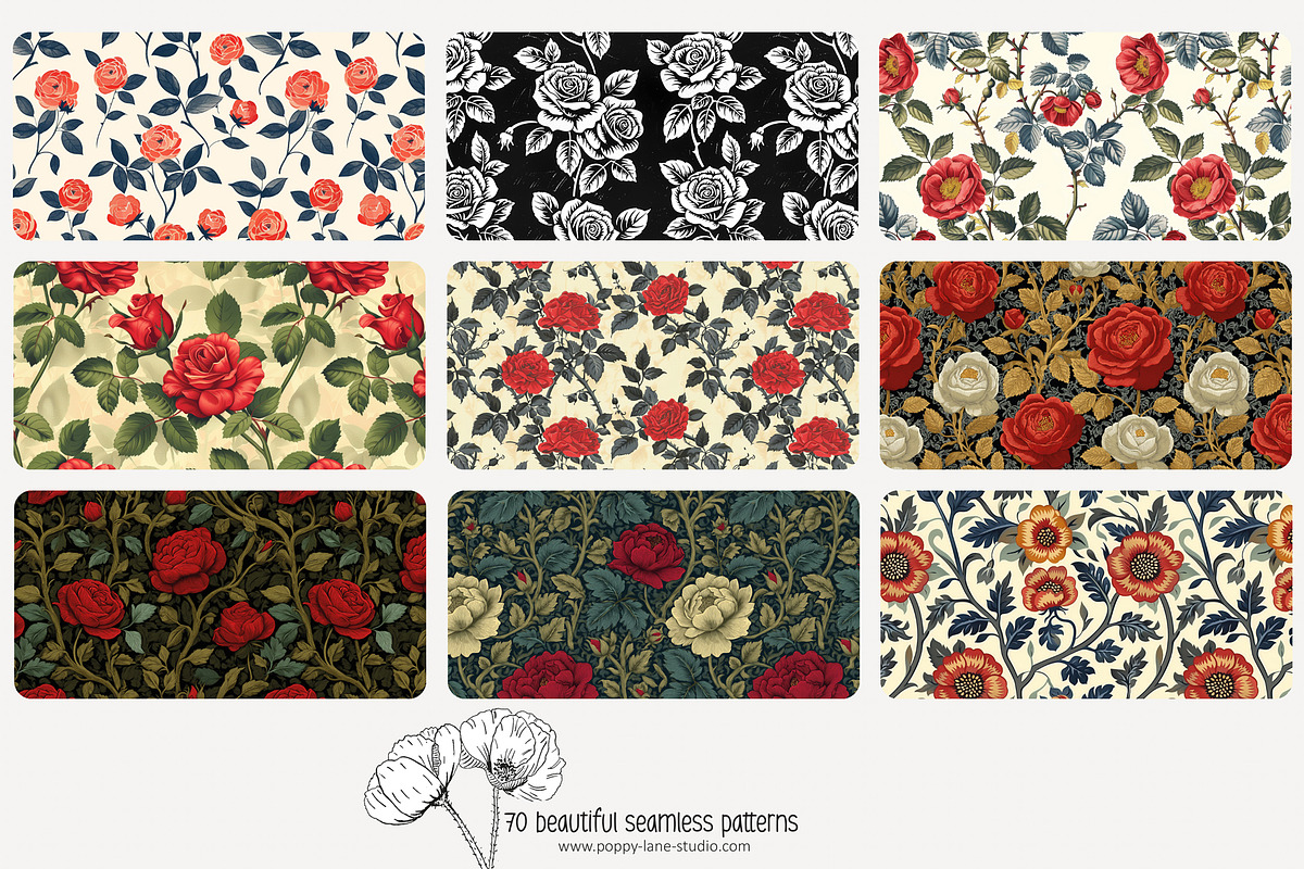 70 medieval rose seamless pattern, a Pattern Graphic by Poppy Lane Studio