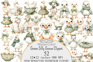 Watercolor Green Silly Goose Clipart, a Seasonal Illustration by Design Market