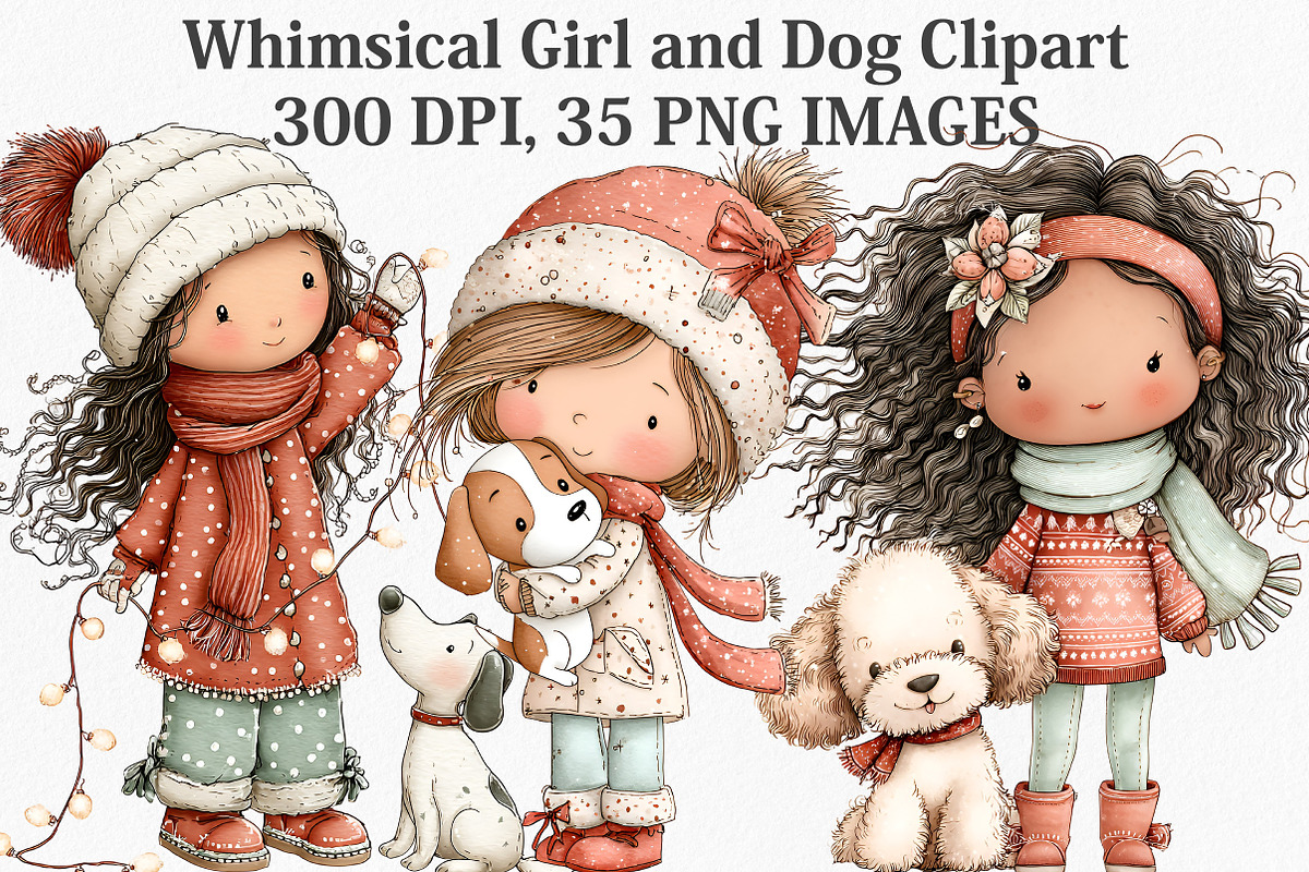 Whimsical Girl and Dog Clipart, an Illustration by Canvas Craft (Photo 1 of 7)