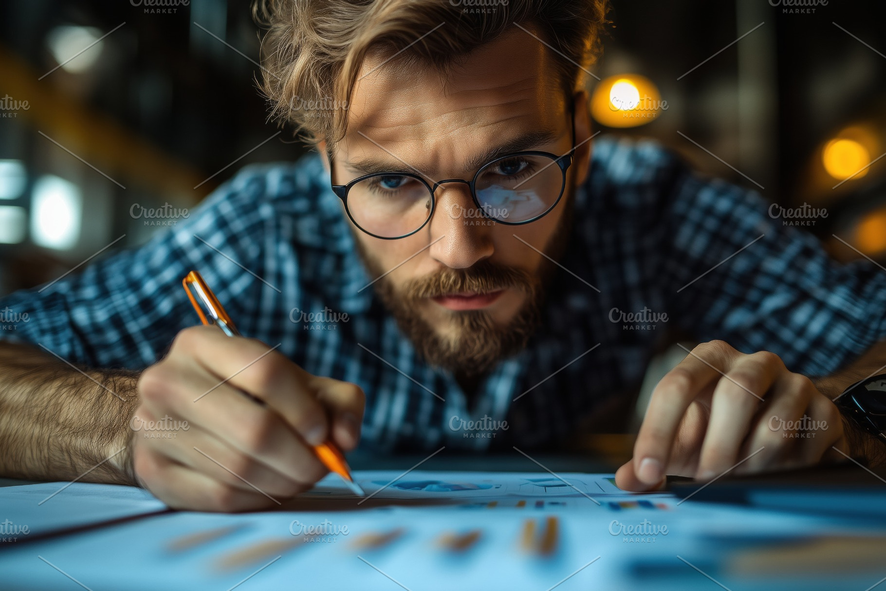 A focused young accountant man with glasses is sketching on paper, surrounded b, a Person Photo by Textures & Backgrounds