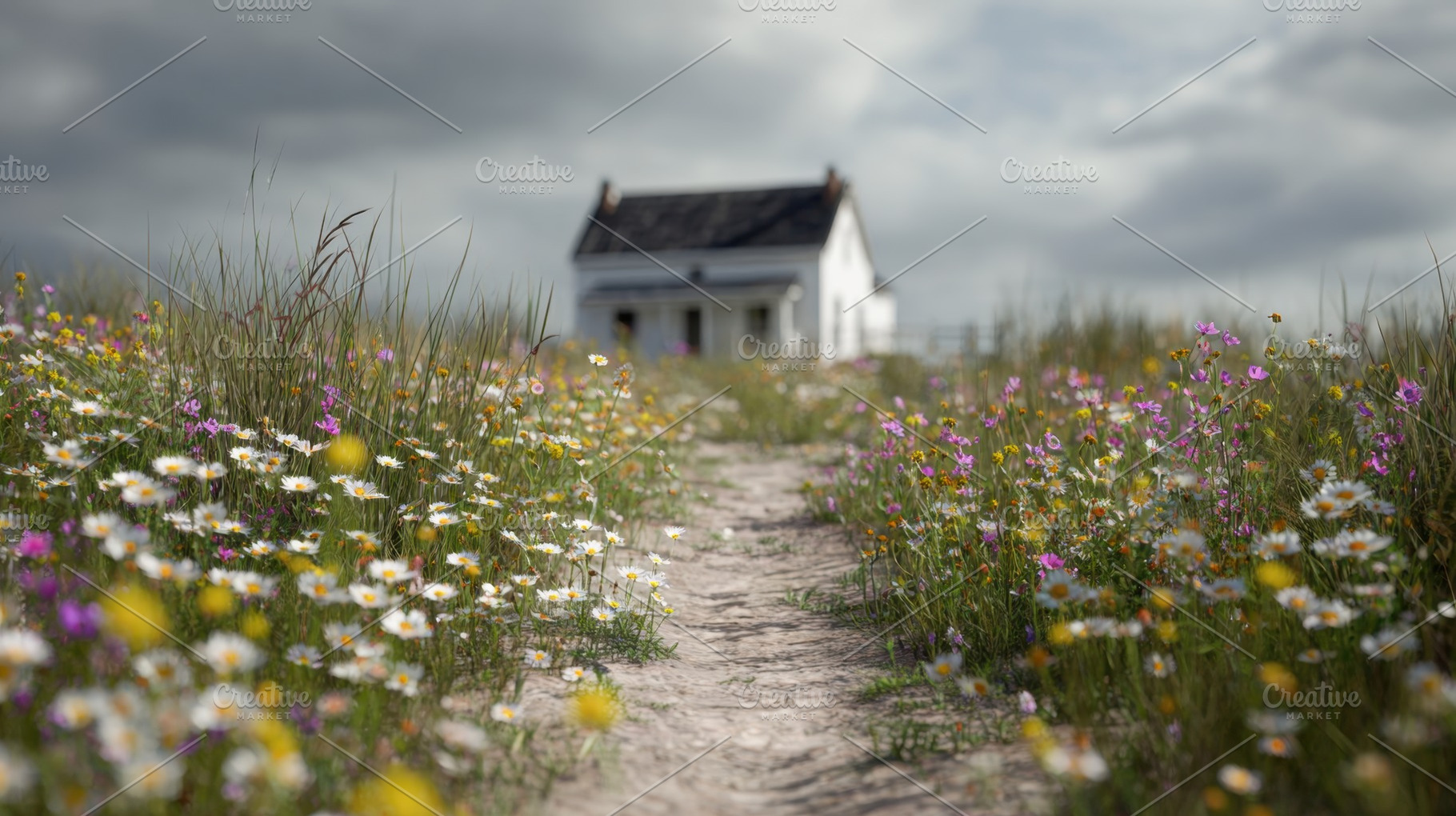 Flower path leading to a small house, a Photo by Beautiful things