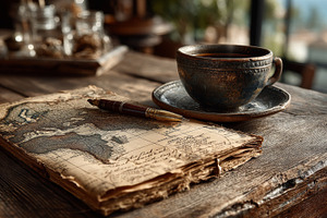 Rustic coffee and antique map notebook on a weathered wooden desk beside a dark, a Photo by AS photostudio