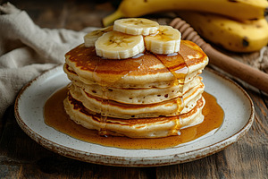 Fluffy pancakes topped with banana slices and sweet syrup for a delightful brea, a Food & Drink Photo by AlyaAnd