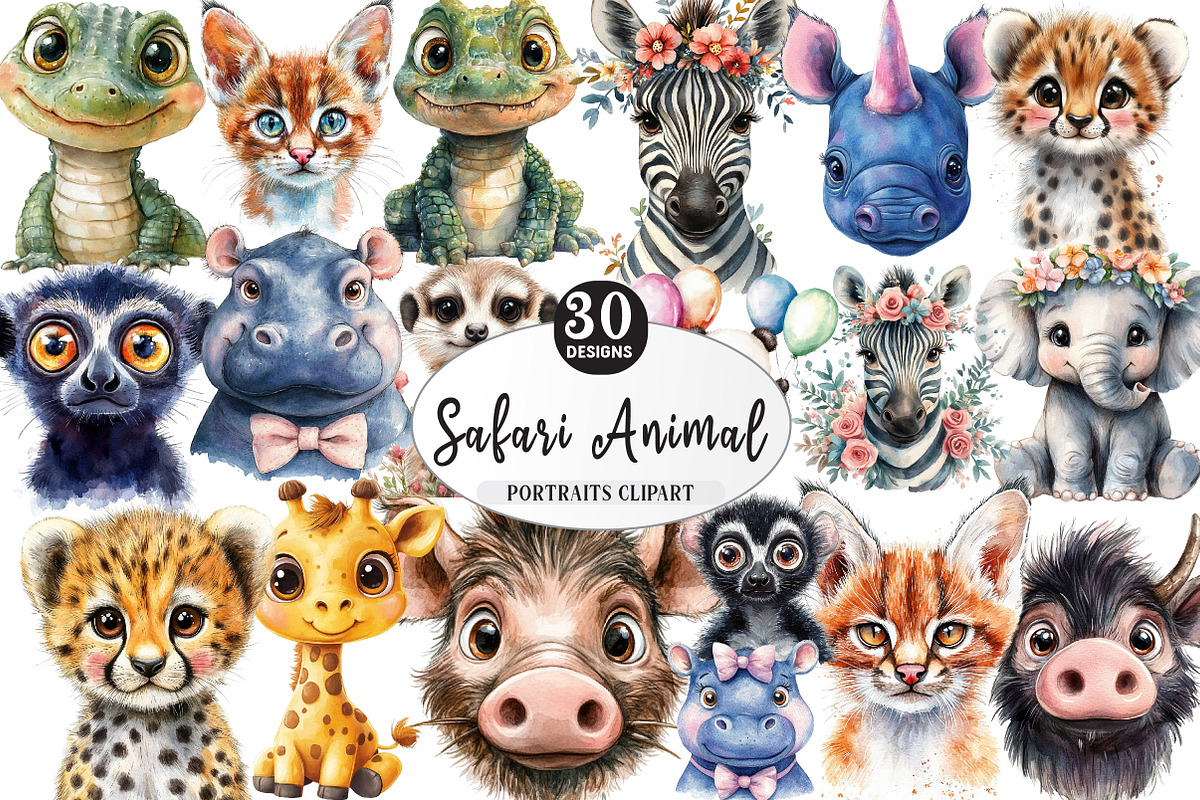 Cute Safari Animal Portraits Clipart, an Illustration by Watercolor design (Photo 1 of 4)