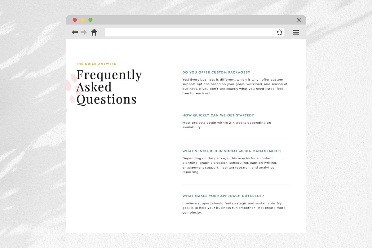 Showit FAQ Section Template Add On, a Landing Page Template by Sugar Studios (Photo 4 of 7)