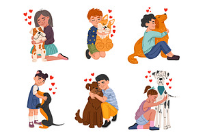 Kid hugs a dog, petting and playing, an Illustration by Buch&Bee