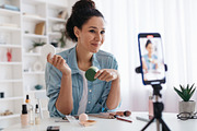 Professional Beauty Blogger Woman Using Smartphone Making Video Indoors, a Photo by Prostock-Studio (Thumbnail 4 of 6)