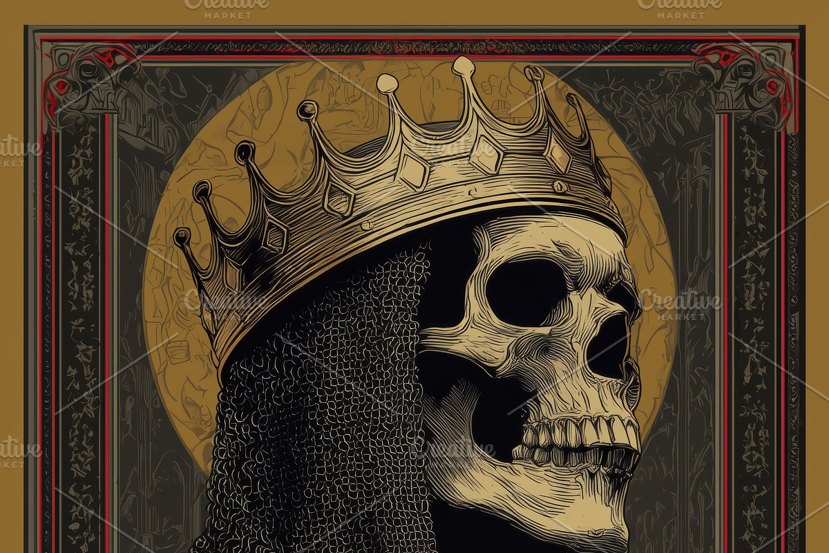 A skeleton wearing a crown and medieval armor holds a red rose, set against an, a Texture Graphic by Textures & Backgrounds