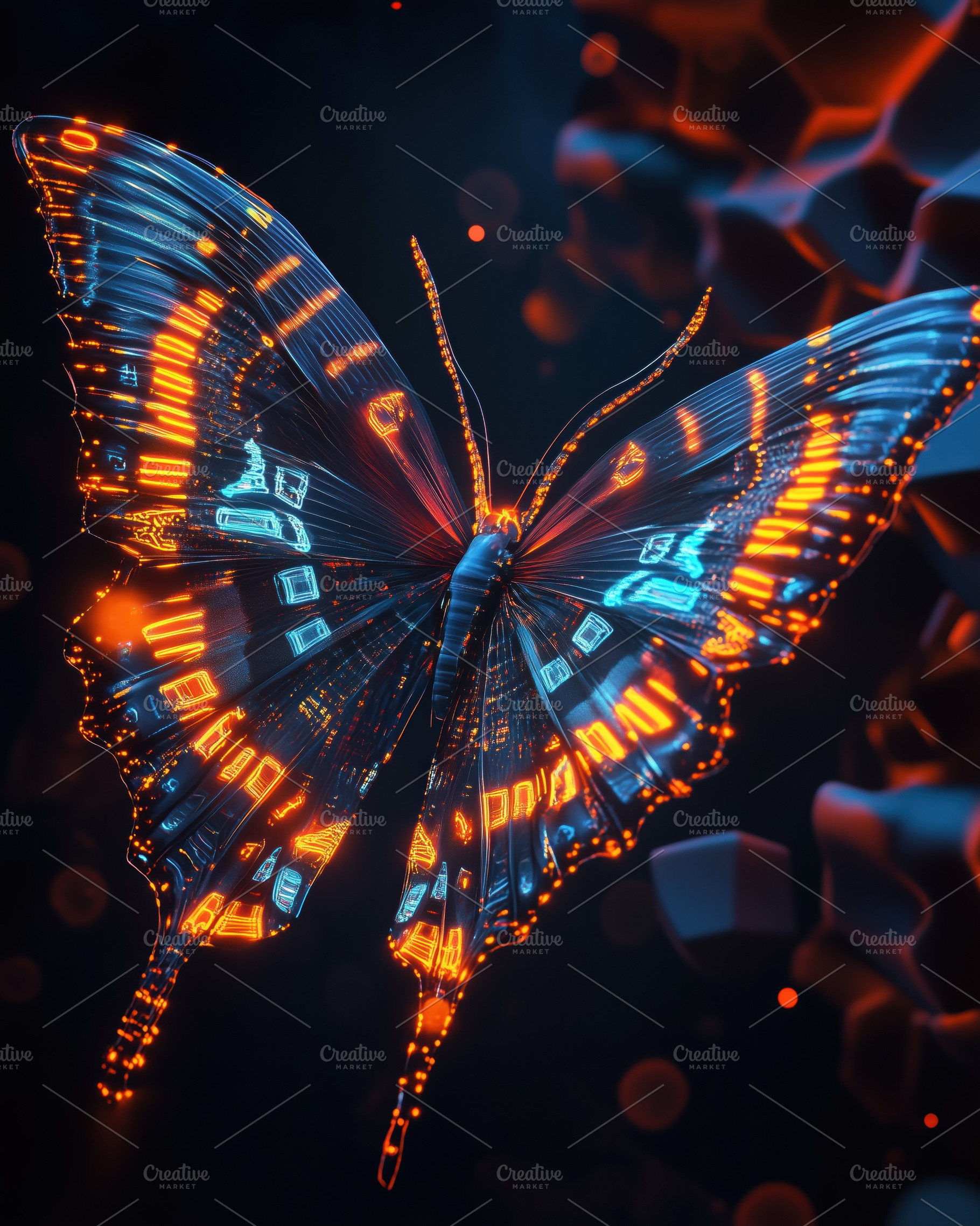 A digitally rendered butterfly with glowing blue and orange patterns, set again, an Animal Photo by Textures & Backgrounds