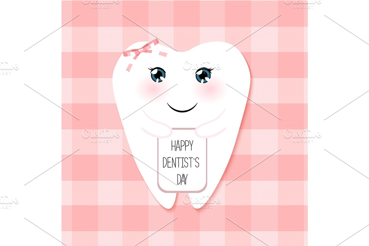 Cute greeting card Happy Dentist Day as funny smiling cartoon character of tooth, an Object Graphic by aliona..almazova