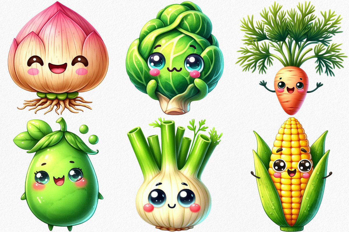 Watercolor Kawaii Vegetables Clipart, an Illustration by Canvas Craft (Photo 3 of 7)