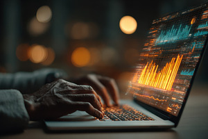 Hands typing on laptop with financia, a Photo by Pixeness Studio