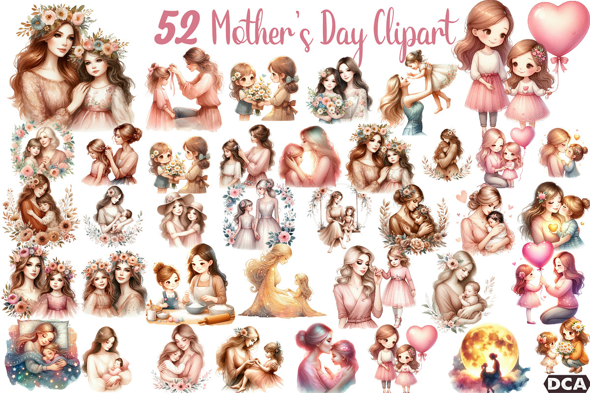 Mother's Day Clipart, Mum Daughter, an Illustration by DreamCafeArt (Photo 1 of 6)