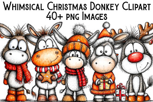 Whimsical Christmas Donkey Clipart, an Illustration by Pixels.Craft