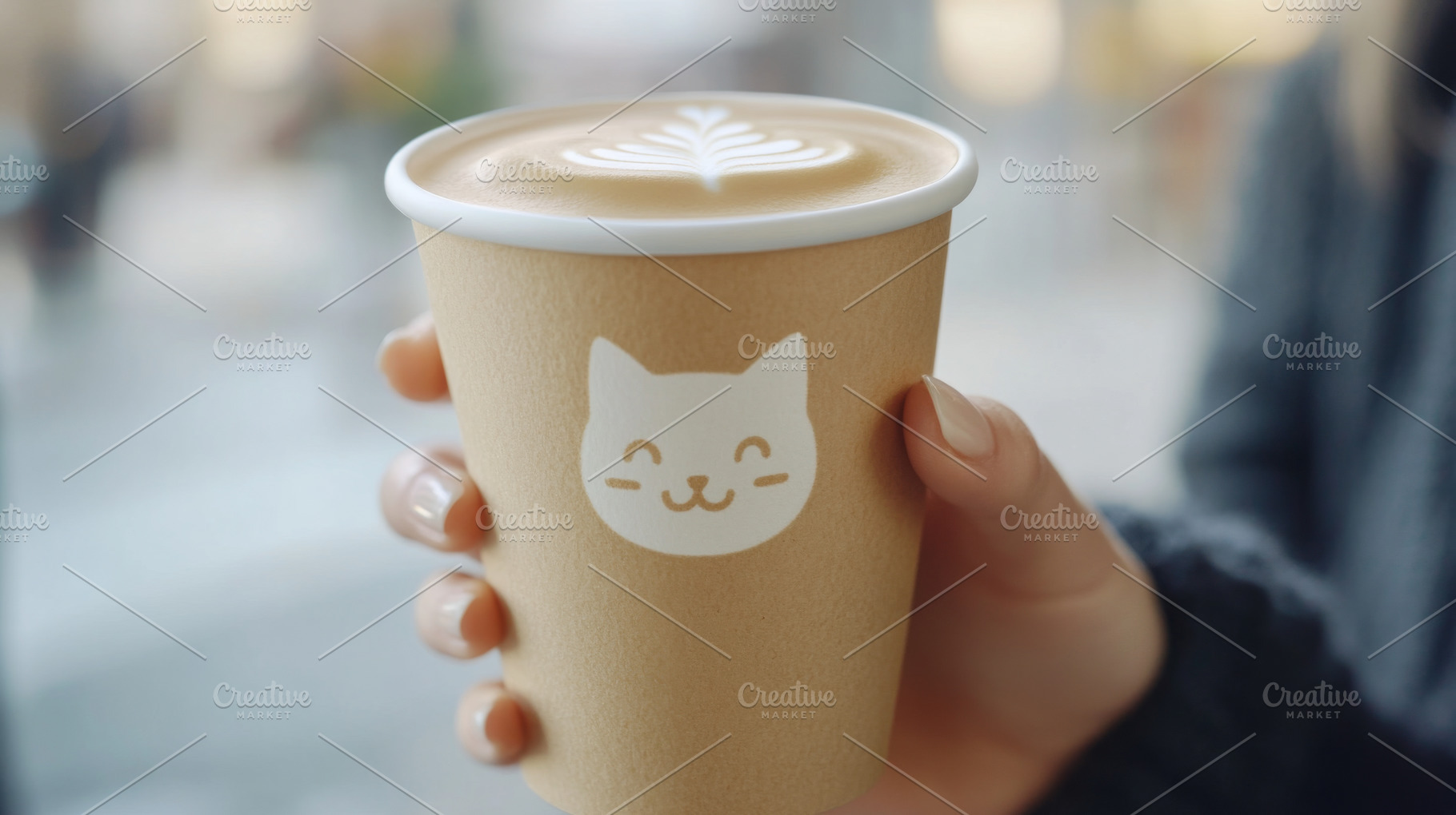 Latte art in a takeaway cup held, a Photo by Dvoevnore photos