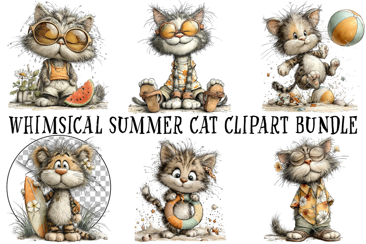 Whimsical Summer Cat Clipart Bundle, an Illustration by OK Design (Photo 2 of 6)