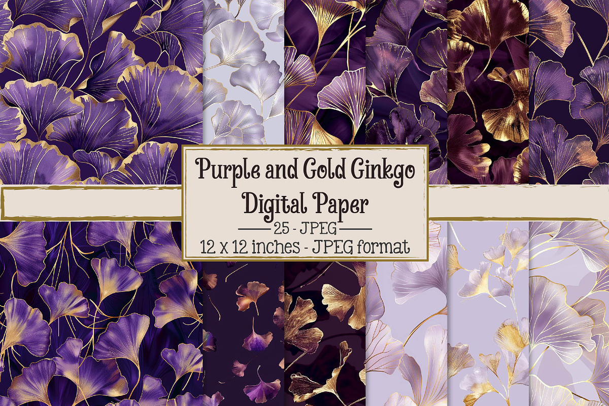 Purple and Gold Ginkgo Digital Paper, a Texture Illustration by DreamPrint404 (Photo 1 of 5)