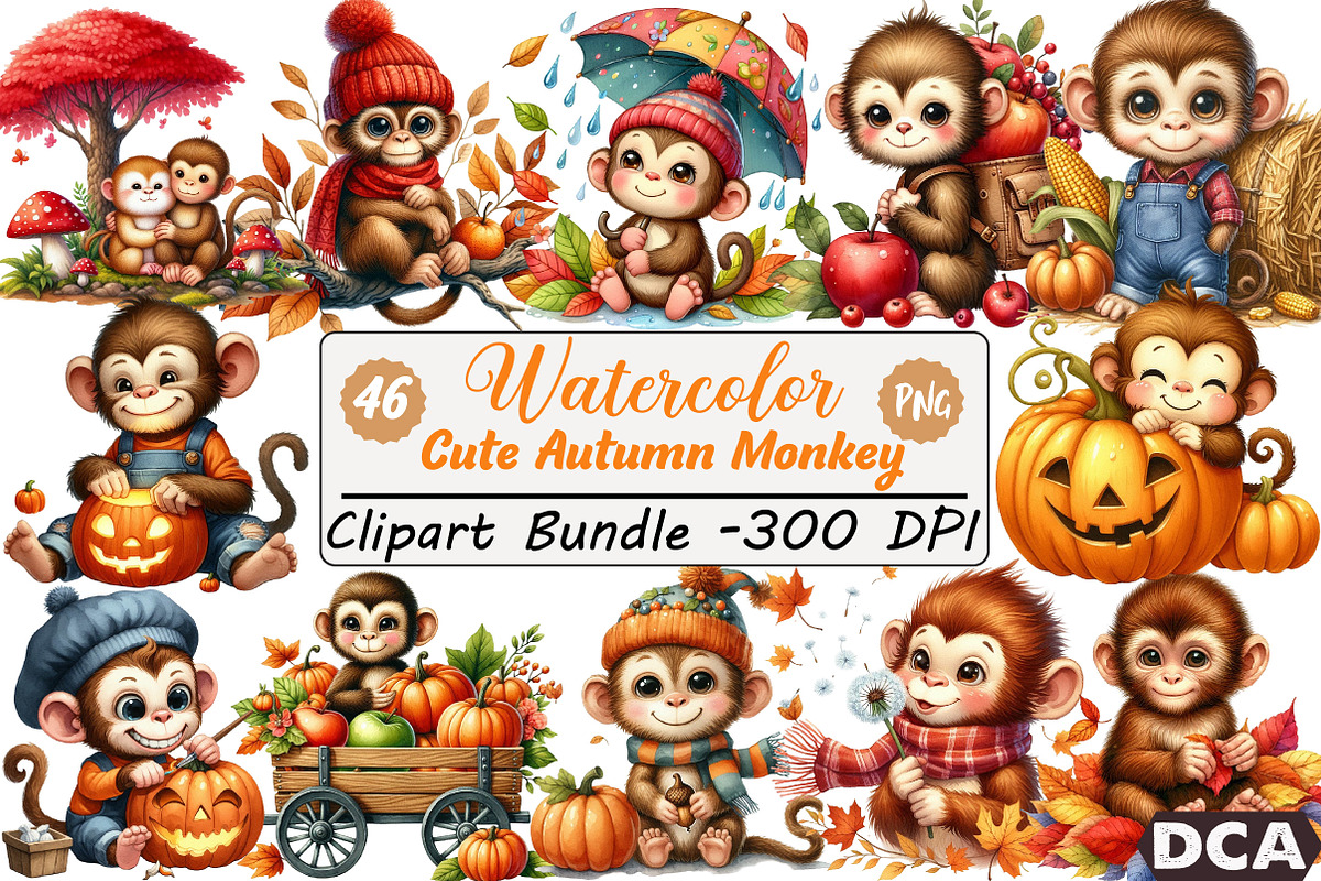 Cute Autumn Monkey Sublimation, an Illustration by DreamCafeArt (Photo 1 of 4)