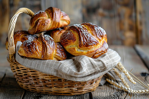 Freshly different baked buns in basket on wooden table, a Food & Drink Photo by AlyaAnd