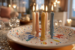 Colorful Artistic Candles on Decorative Plate Creating Warm Ambiance in Cozy Li, an Arts & Entertainment Photo by Ocean Digital Art