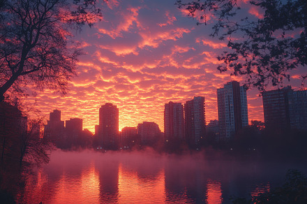 Sunset over a tranquil lake with cit, a Photo by Tanuart