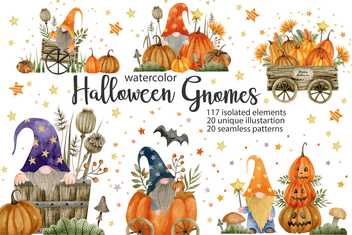 Watercolor Gnomes Halloween., a Decorative Illustration by Kira Konoshenko (Photo 1 of 8)