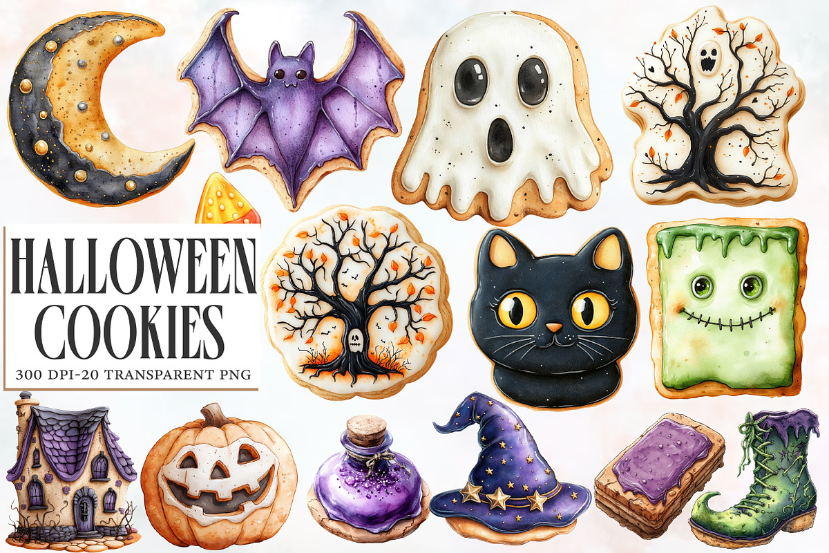 Watercolor Halloween Cookies Clipart, an Illustration by Designworld (Photo 1 of 6)