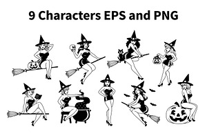 Vector 9 Cute Pin Up Witches Cartoon