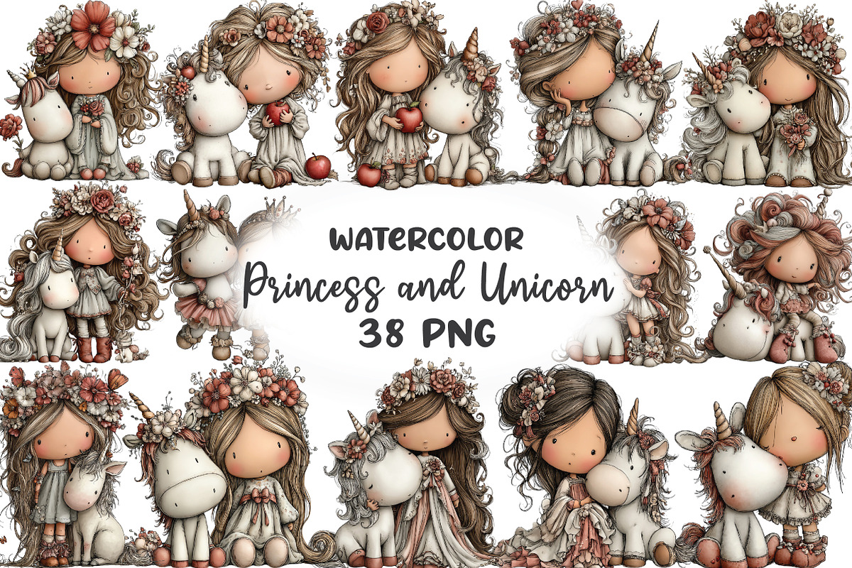 Whimsical Princess and Unicorn Clipa, an Illustration by CraftArtStudio (Photo 1 of 6)