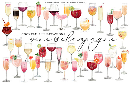 Wine & Champagne Cocktail Clip Art, a Food Illustration by Maria B. Paints