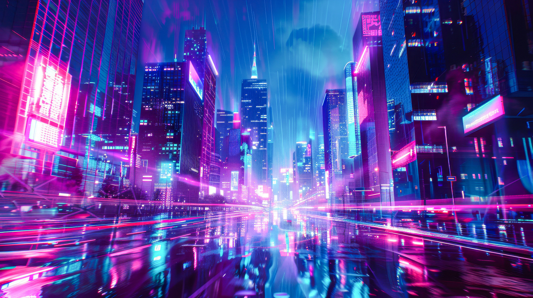 Neon Cityscape in Rain, a Technology Photo by Ocean Digital Art