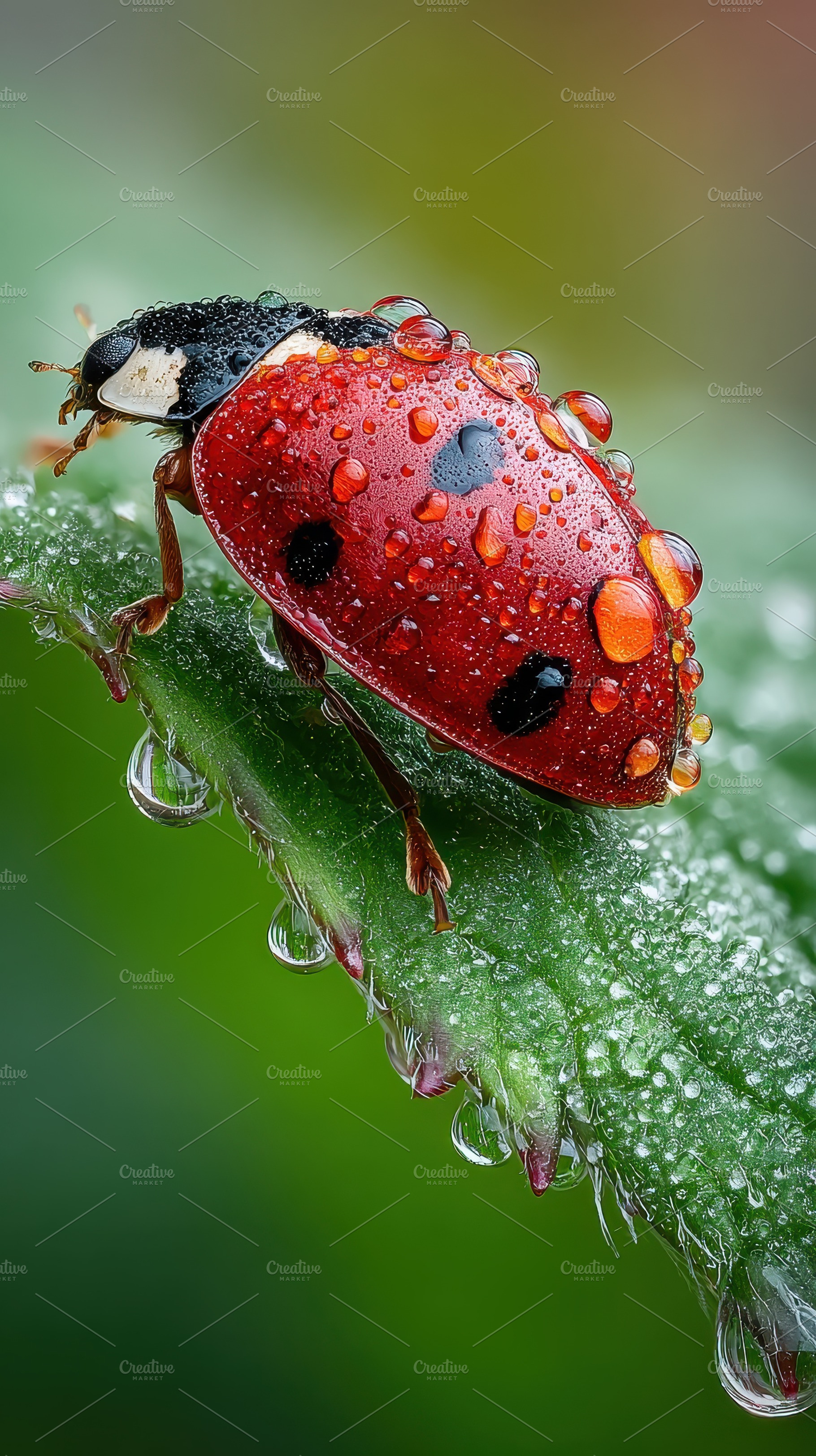 Ladybug on Dew-Covered Leaf Nature M, a Photo by Pixeness Studio