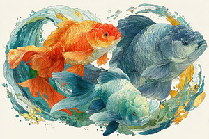 Three goldfish swimming in a vibrant, a Photo by Pixeness Studio