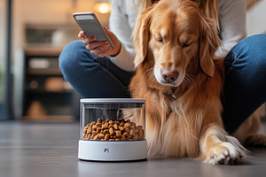 Dog Waits by Automatic Feeder while, an Animal Photo by Pixeness Studio