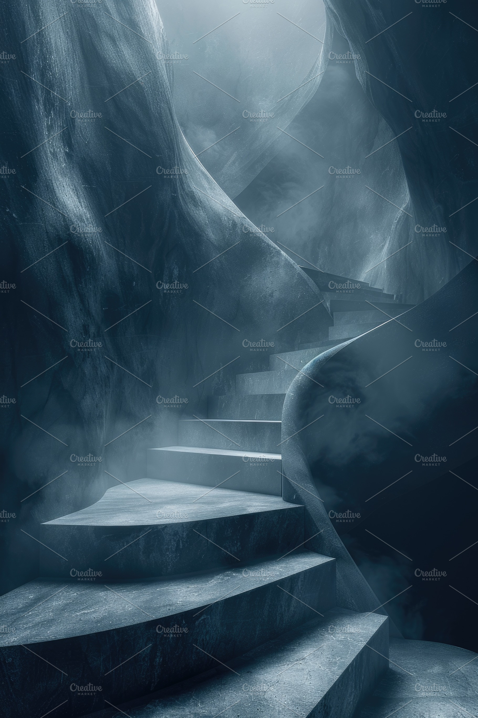 Moody Surreal Stone Staircase Inside Dark Organic Cave Interior, an Abstract Photo by José Manuel Gelpi
