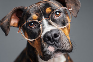 Dog wearing glasses poses for a close-up portrait with a curious expression, an Animal Photo by AlyaAnd