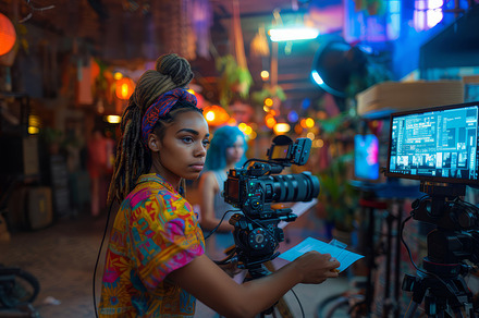 Young Cinematographer Operating Professional Camera in Vibrant Studio Environme, a Photo by AS photostudio