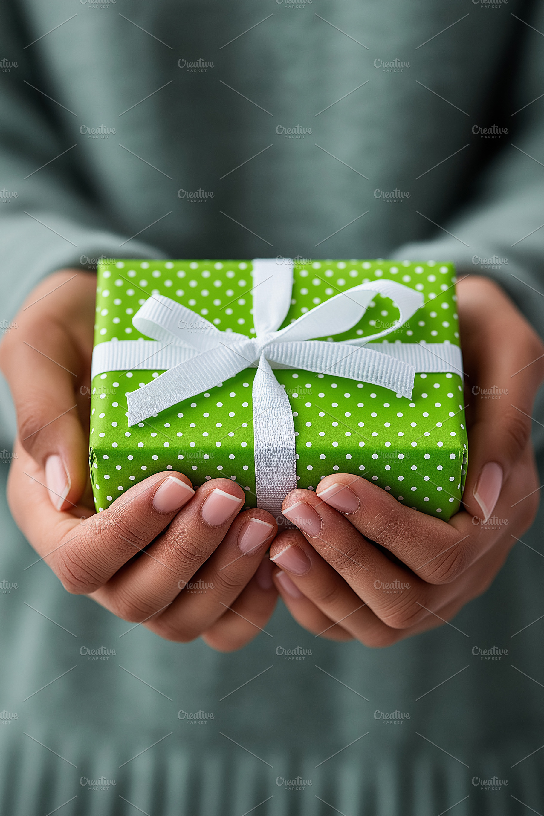 Woman holds a green polka dot gift, a Holiday Photo by MistyDay
