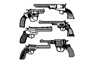 Monochrome Illustrations Of Retro Weapons. Revolvers Vintage Guns. Vector Pictures Set