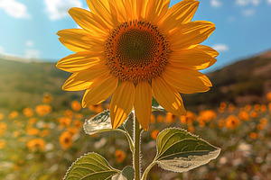 Hand holding a bright yellow sunflower in a blooming field under, a Nature Photo by José Manuel Gelpi