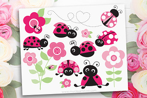 Pink Ladybugs Clipart, Spring, SVG