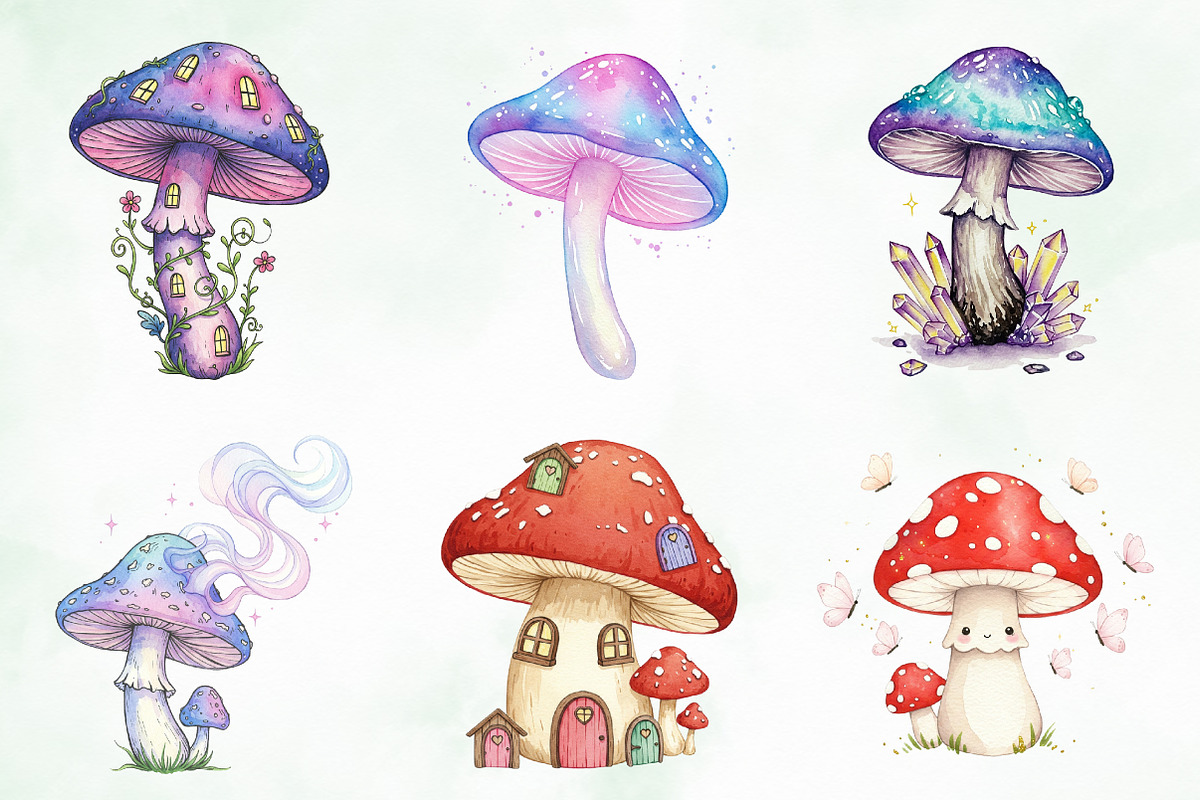 Watercolor Cute Magic Mushroom Png, an Illustration by Creative Art (Photo 5 of 9)