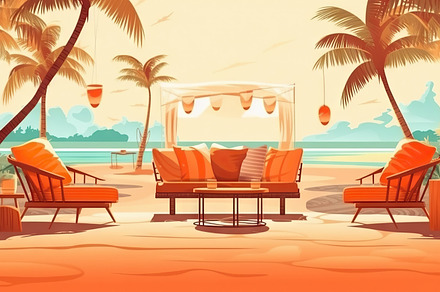 Beach with palm trees, chairs, umbrellas and tables. Vector illu, a Holiday Photo by AS photostudio