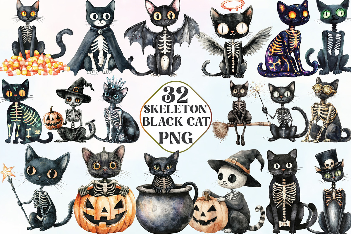 Skeleton Black Cat Clipart, an Illustration by CraftArtStudio (Photo 1 of 6)