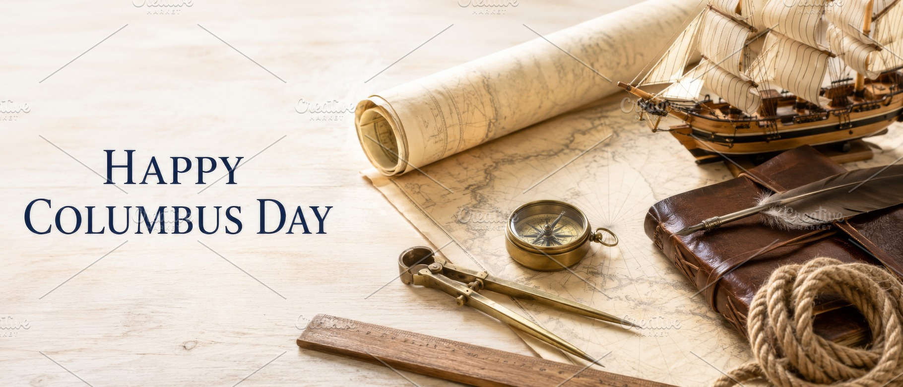 Columbus Day 12 October greeting with vintage sailing ship, anti, a Photo by Dvoevnore photos