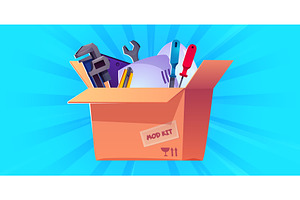 Open cardboard box with tool, an Illustration by art PVP - market