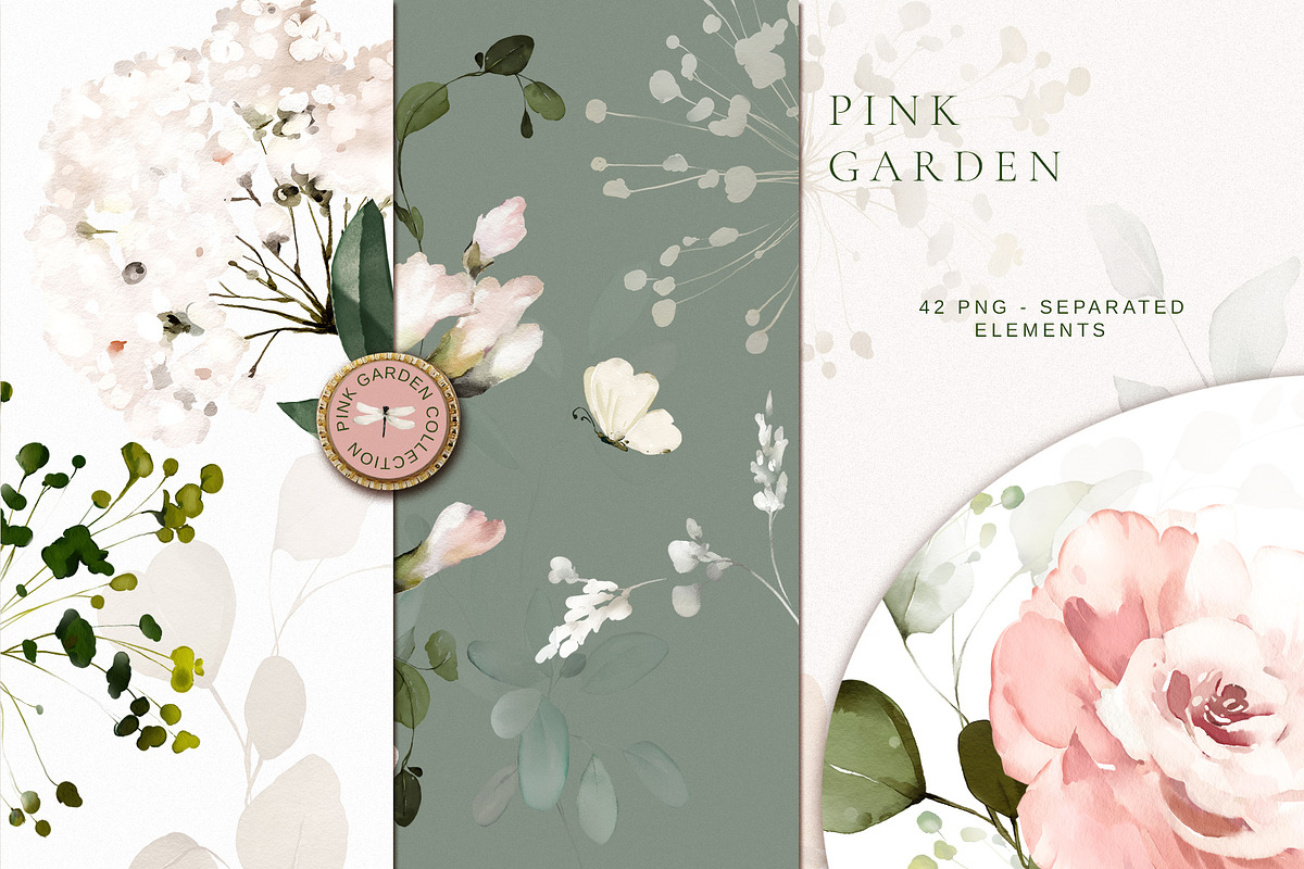 Pink watercolor flowers & herbs, an Illustration by Lisima (Photo 7 of 11)