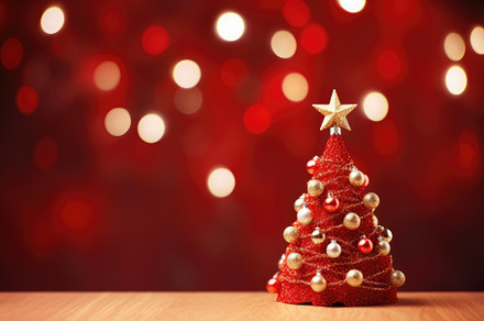 Christmas tree on red bokeh backgrou, a Photo by Iftikhar Alam