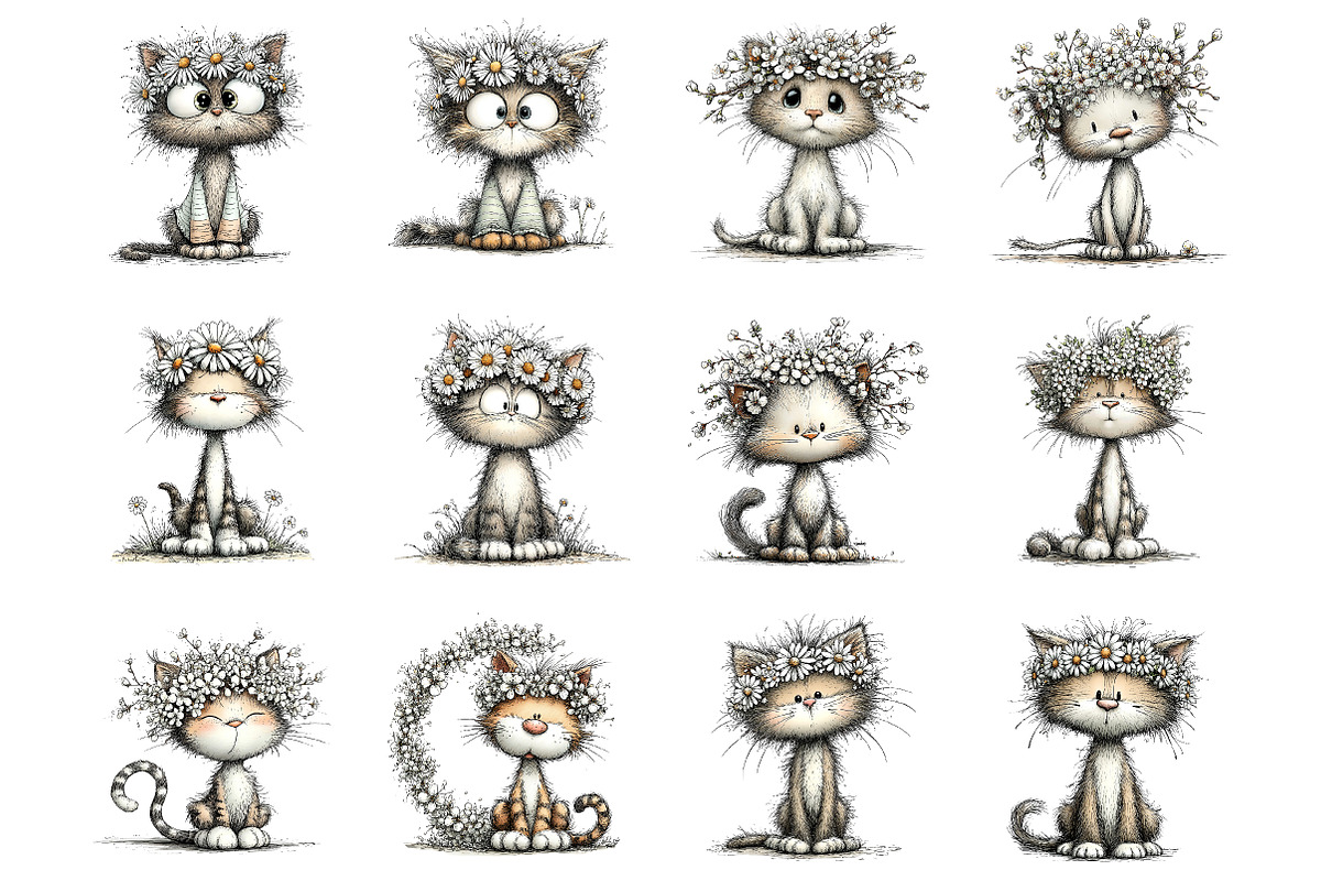 Whimsical floral spring cat clipart, an Illustration by SinaCreation (Photo 2 of 11)