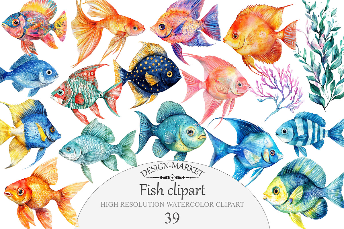 Watercolor fish clipart, an Illustration by Design Market (Photo 1 of 4)